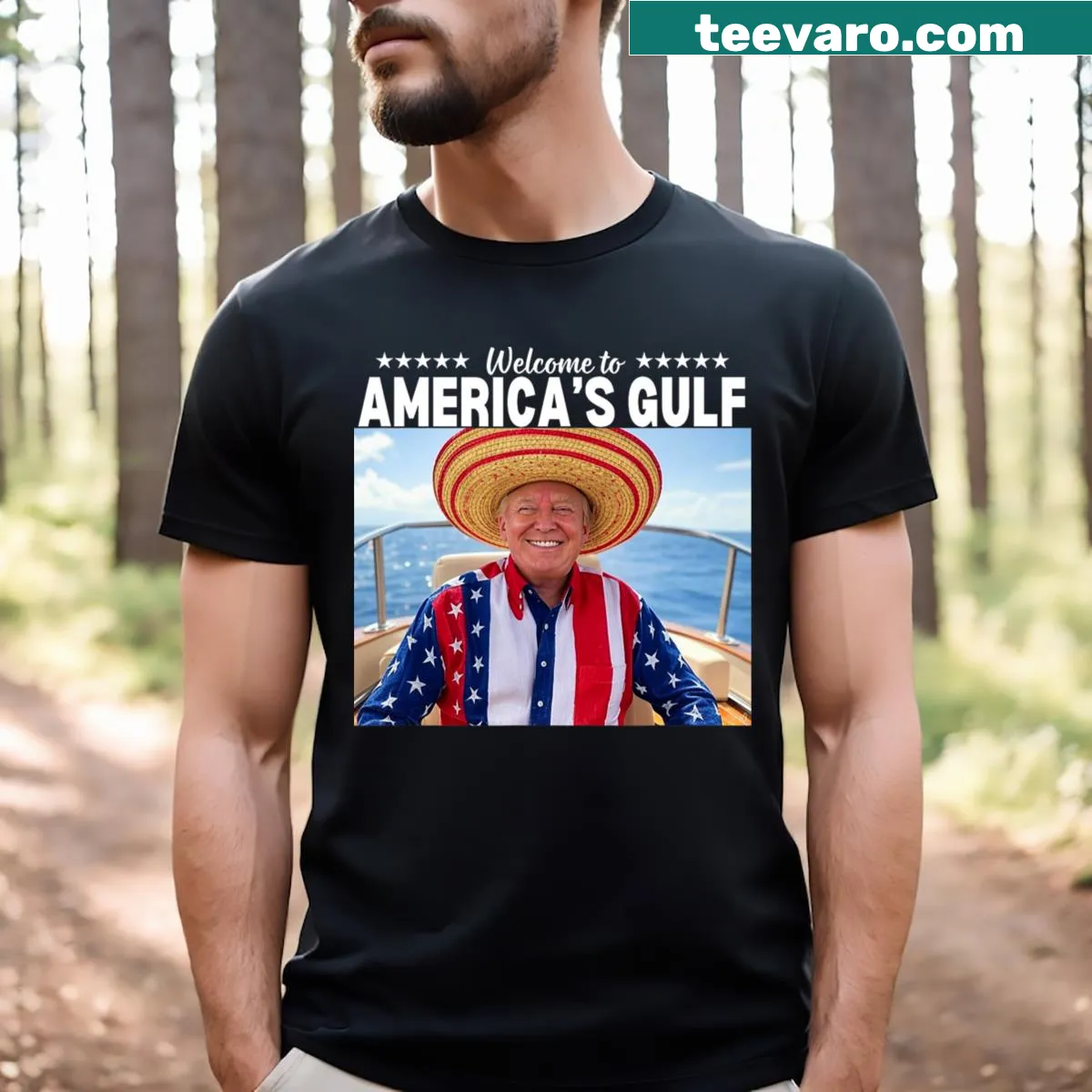 Cartoon t-shirt featuring a sombrero and a humorous political theme — on a men's t-shirt