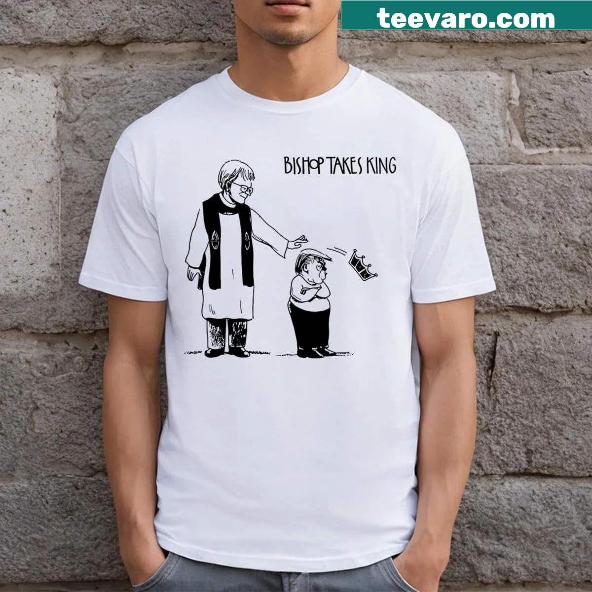 Typography design of 'Bishop Takes King' with Trump theme — on a men's t-shirt