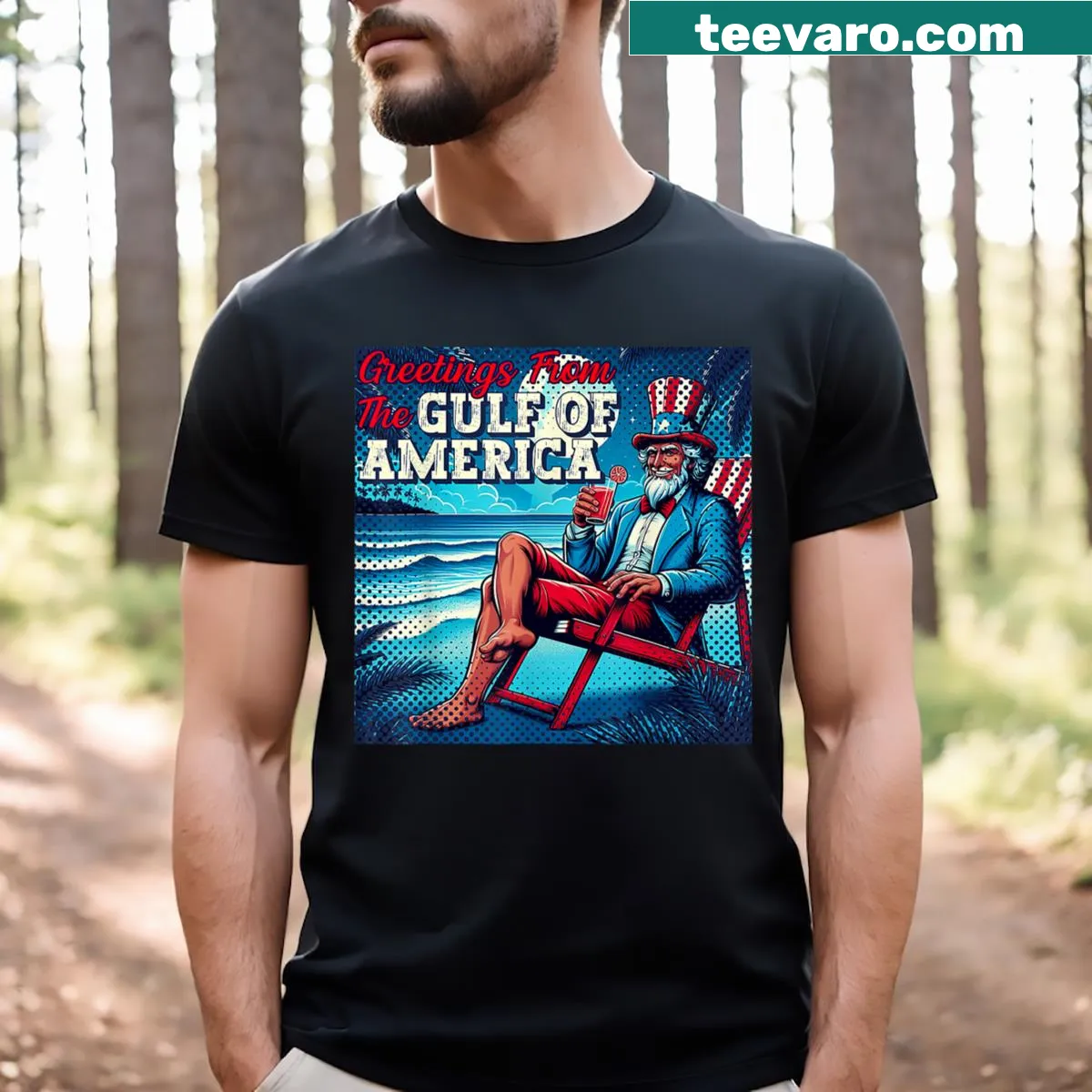 Cute T-shirt with Gulf Beach illustration and patriotic greeting — on a men's t-shirt