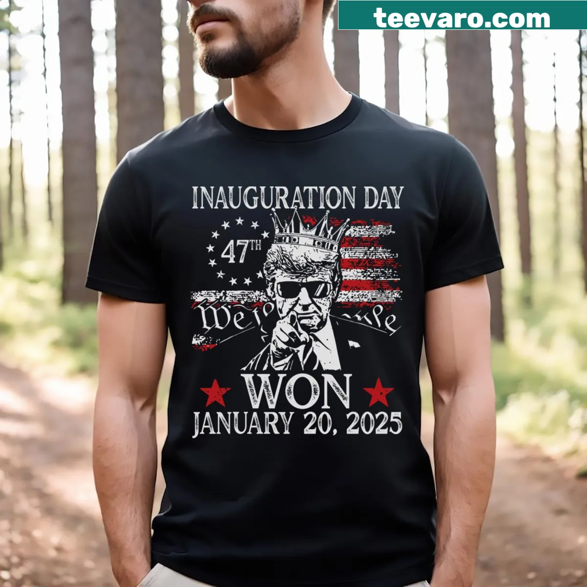 T-shirt featuring text commemorating Trump as 47th President in 2025 — on a men's t-shirt