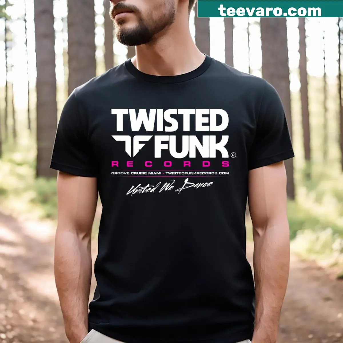 Illustrative T-shirt with a fun music records club logo — on a men's t-shirt