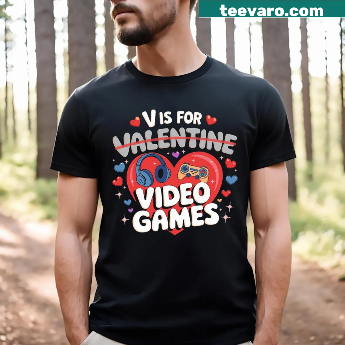 Funny gamer T-shirt with 'V Is For Video Games' text for Valentine's Day — on a men's t-shirt