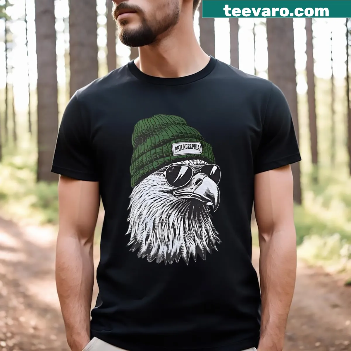 Eagle wearing sunglasses in a vintage design for outdoor lovers. — on a men's t-shirt