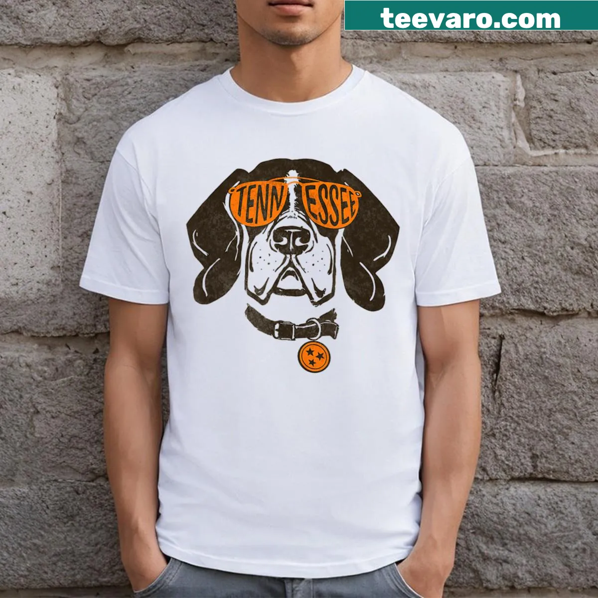 Vintage orange t-shirt featuring a dog silhouette and Tennessee theme — on a men's t-shirt