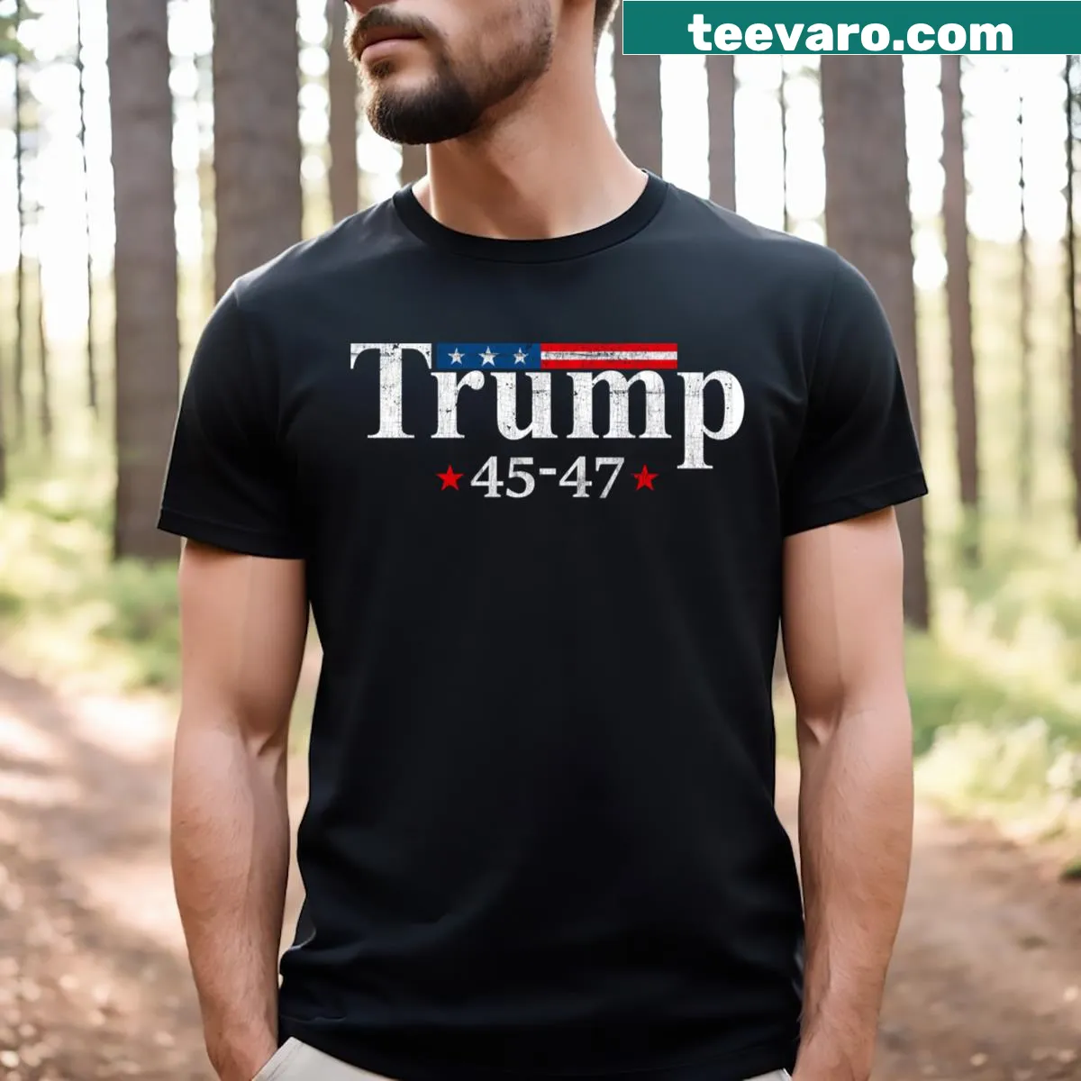 Retro t-shirt featuring Trump 2024 design with US flag elements — on a men's t-shirt