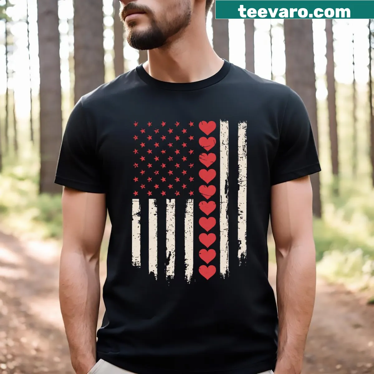 Vintage t-shirt with American flag hearts design for kids — on a men's t-shirt
