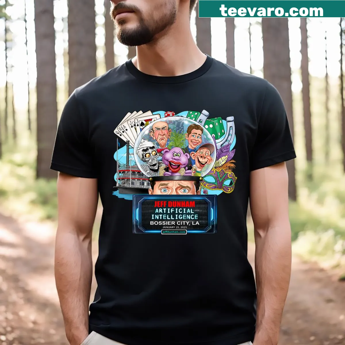 T-shirt featuring 'Jeff Dunham Bossier City La 2025' text — on a men's t-shirt