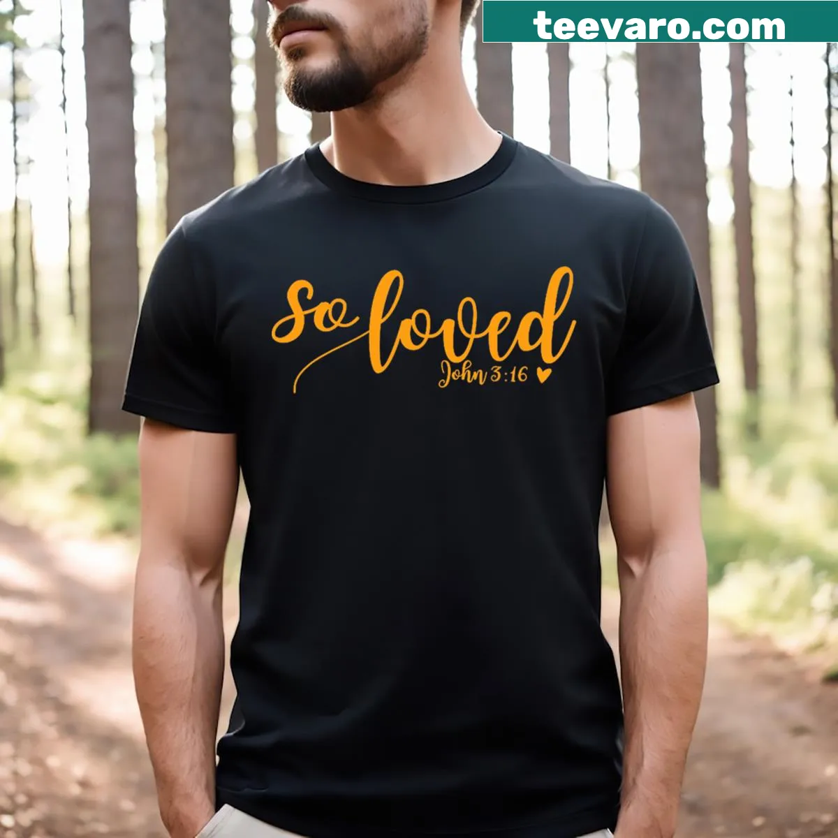 John 3:16 in gold script on a women's T-shirt — on a men's t-shirt