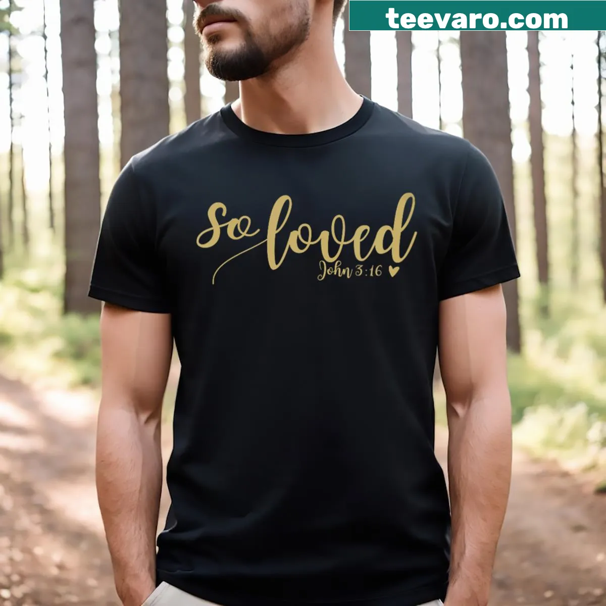 V-neck t-shirt with gold script of John 3:16 — on a men's t-shirt