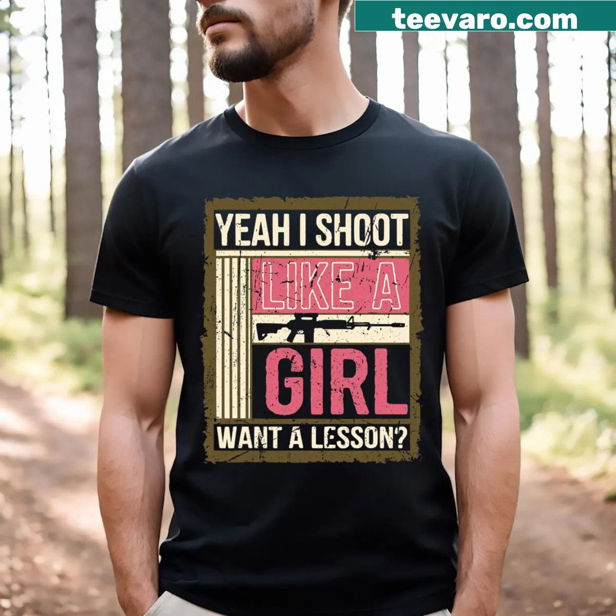 T-shirt with shooting-themed humorous text — on a men's t-shirt