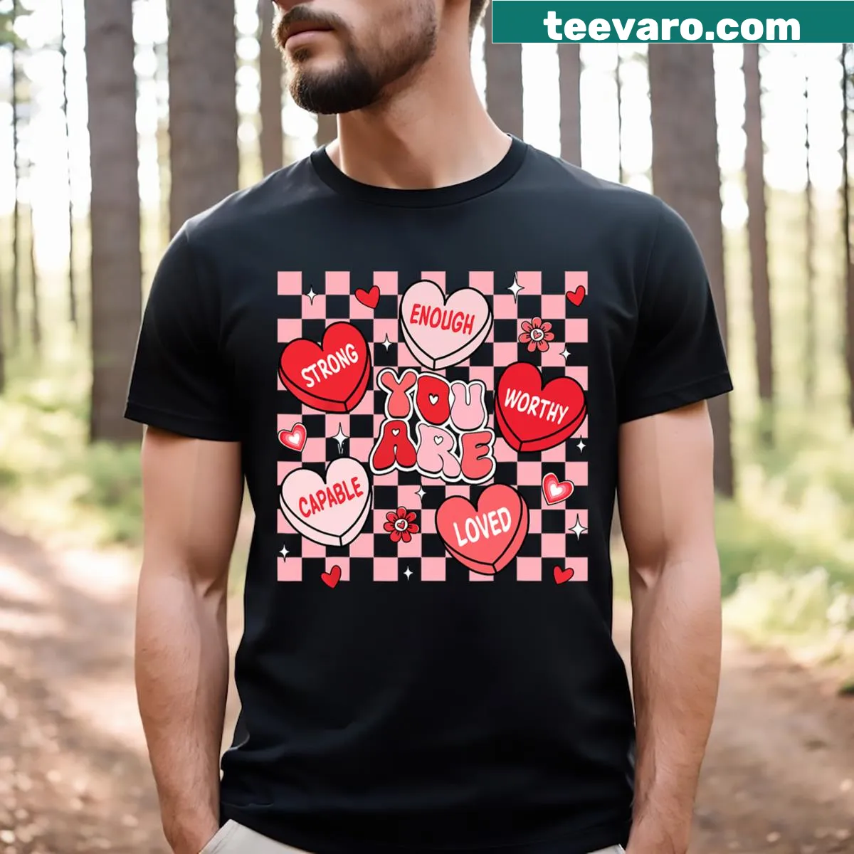 Valentine-themed T-shirt with encouraging text for teachers — on a men's t-shirt