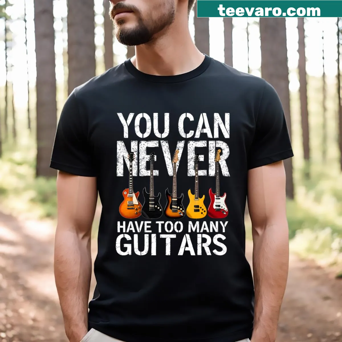 Funny T-shirt for musicians with text about guitars — on a men's t-shirt