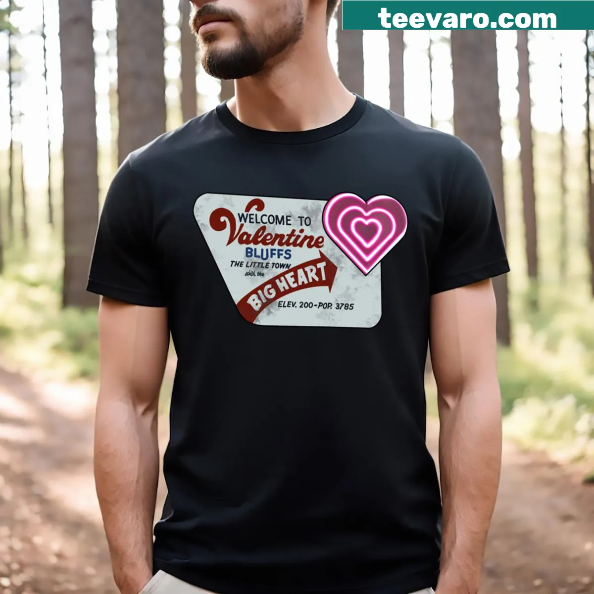 Halloween T-shirt featuring an illustrated sign of Aged Valentine Bluffs for horror fans — on a men's t-shirt