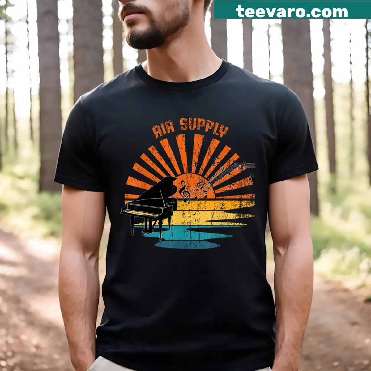 Vintage piano graphic on a men's T-shirt, featuring playful illustration — on a men's t-shirt