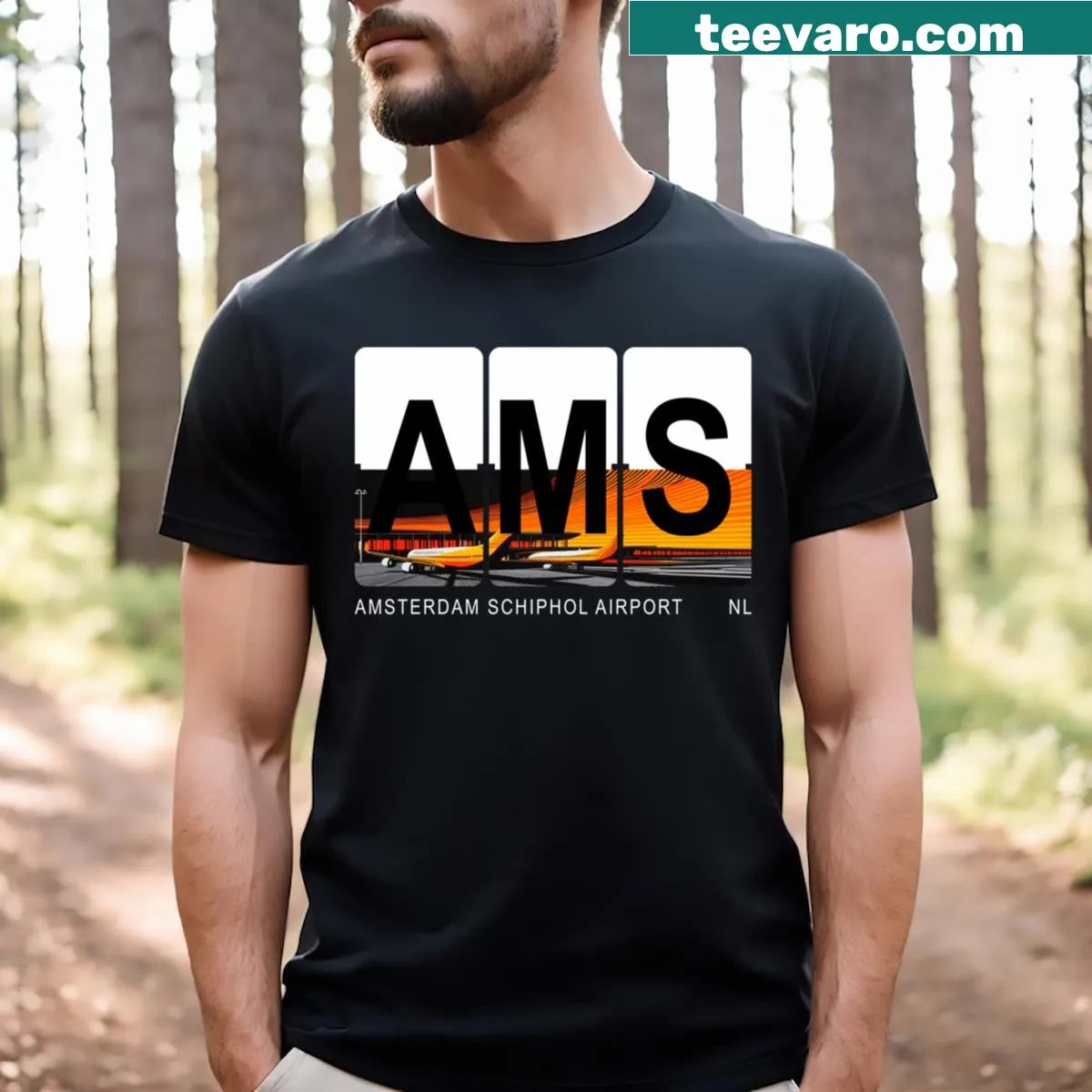 Minimalist T-shirt featuring AMS IATA code for Amsterdam Airport — on a men's t-shirt
