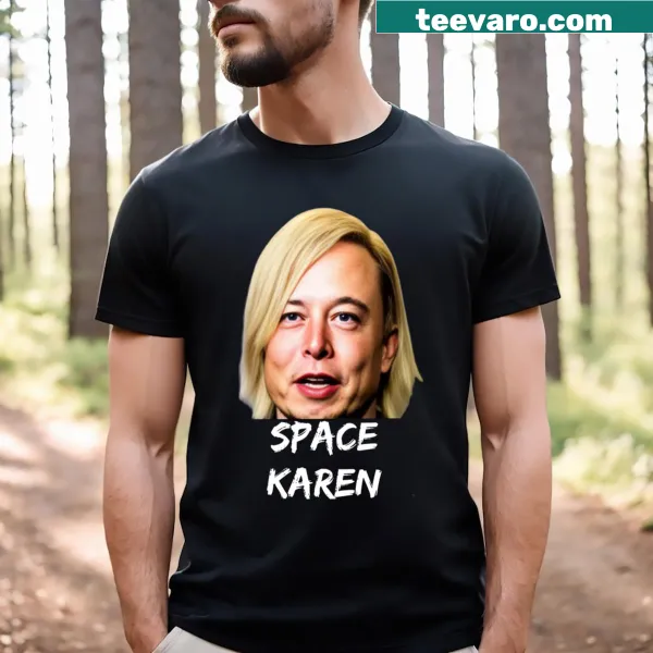 Playful T-shirt featuring 'Anti Musk Space Karen' text in bold typography