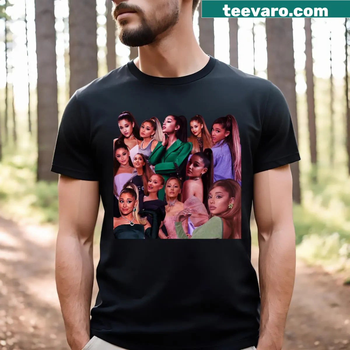 Ariana Grande tribute T-shirt featuring a collage of her artistic elements — on a men's t-shirt