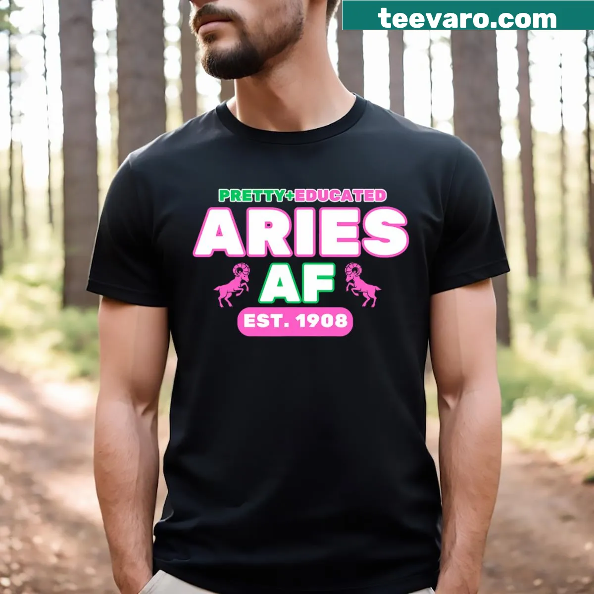 Text 'Pretty And Educated' on Aries themed T-shirt — on a men's t-shirt