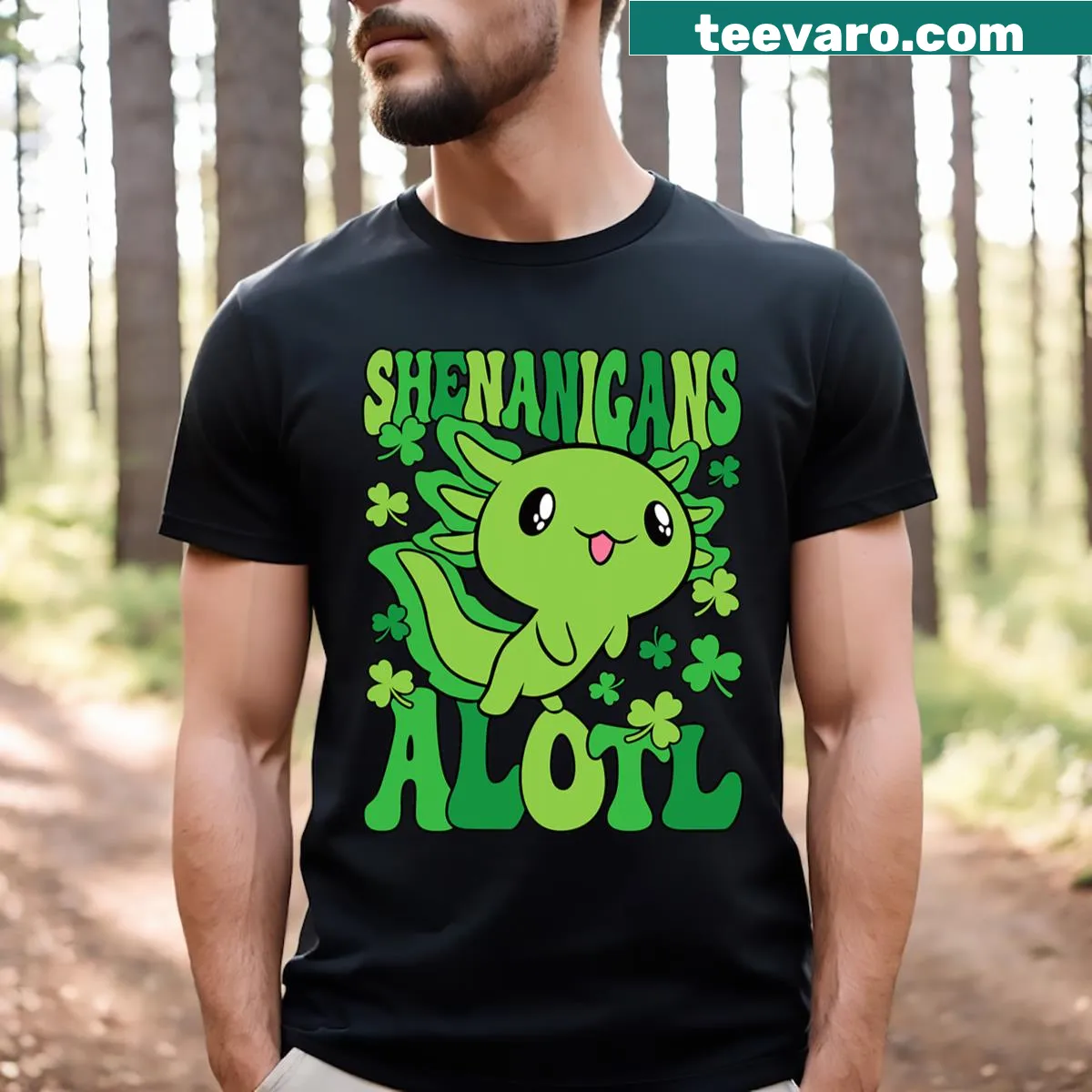 Cute axolotl in green celebrating St. Patrick's Day on a kids t-shirt — on a men's t-shirt