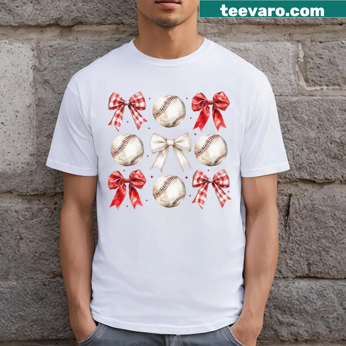 Illustrative baseball graphic with a cute bow for girls on a t-shirt — on a men's t-shirt