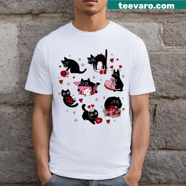 Valentine's Day t-shirt with cartoon black cat and 'Be Mine' text
