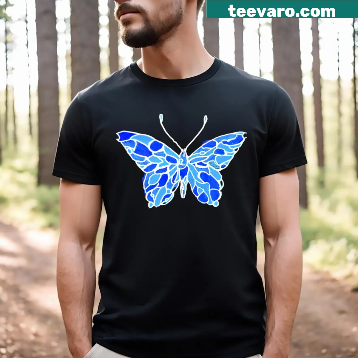 Illustration of a blue butterfly on a T-shirt — on a men's t-shirt