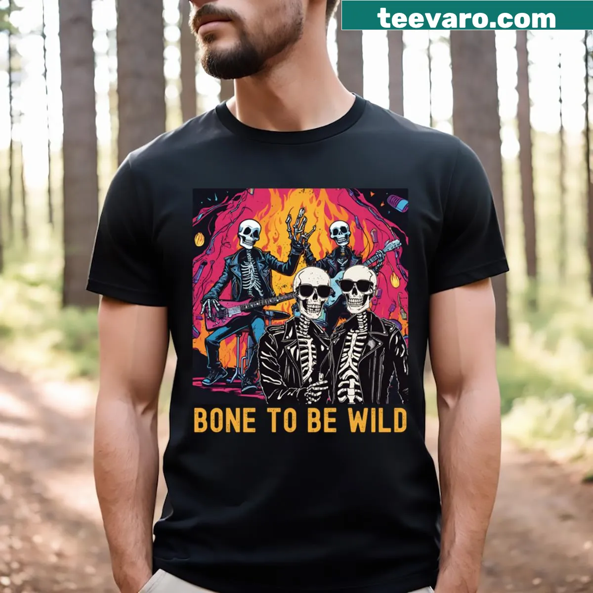 Skeleton playing guitar with musical notes graphic on T-shirt — on a men's t-shirt