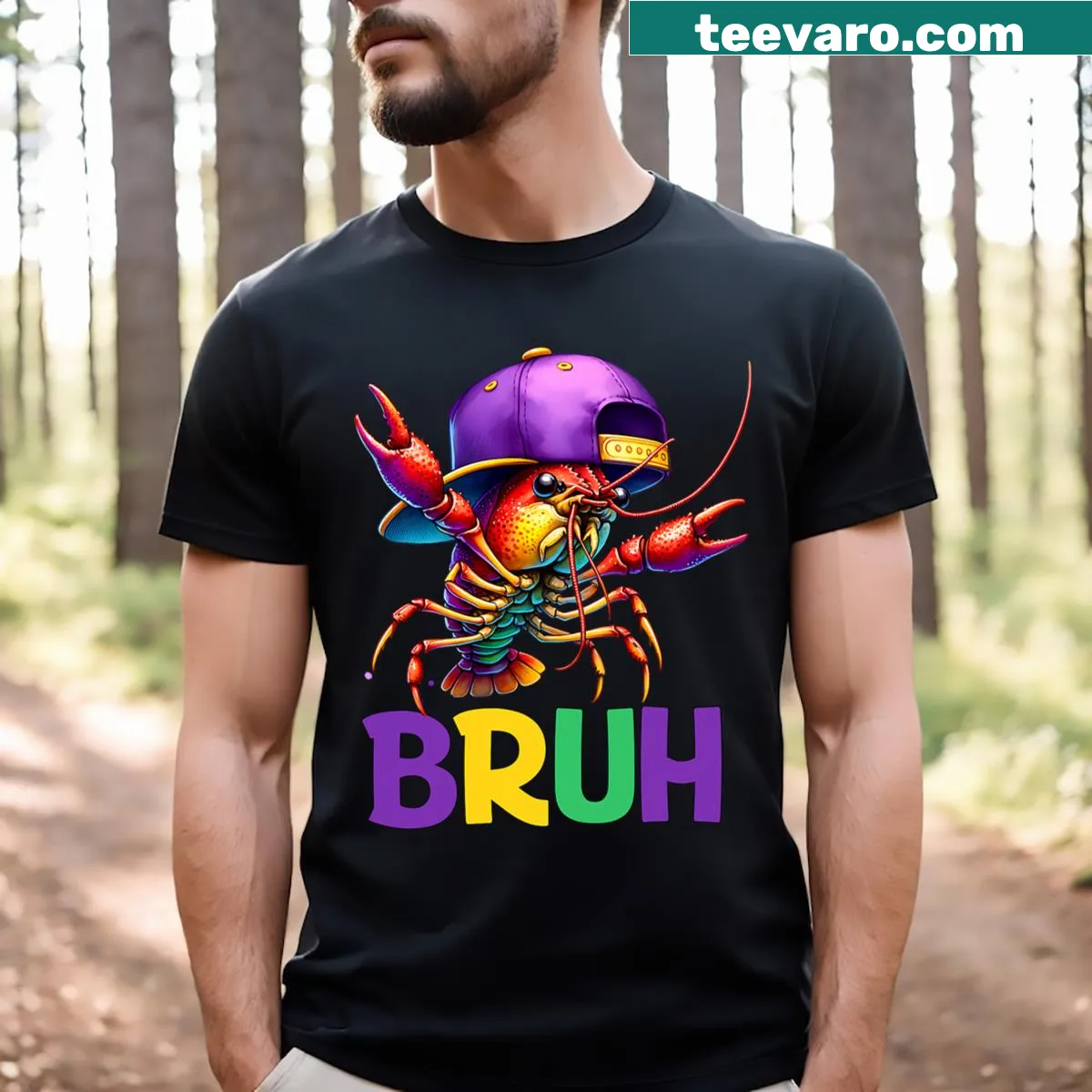 Bruh crawfish graphic t-shirt for Mardi Gras — on a men's t-shirt
