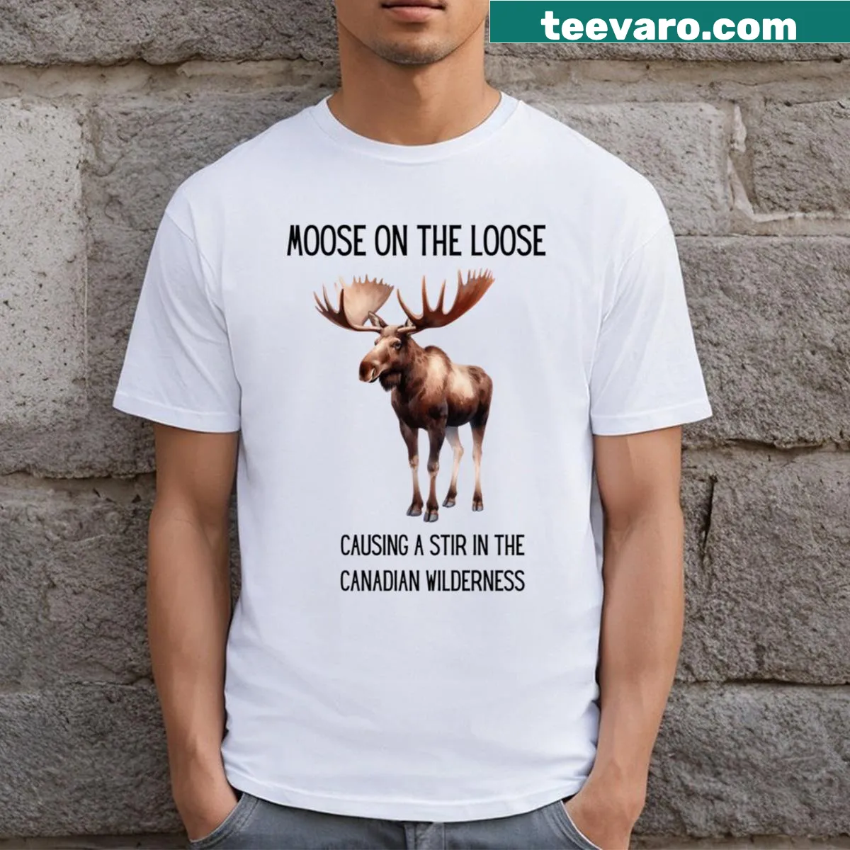 Funny Canadian moose design illustrating patriotic Canadian memes — on a men's t-shirt