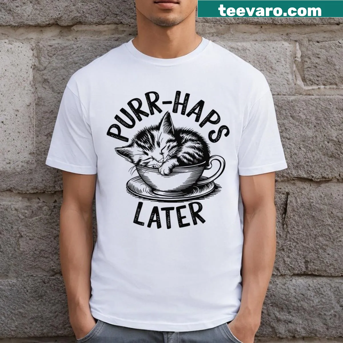Funny T-shirt with a cute kitten graphic and humorous text — on a men's t-shirt