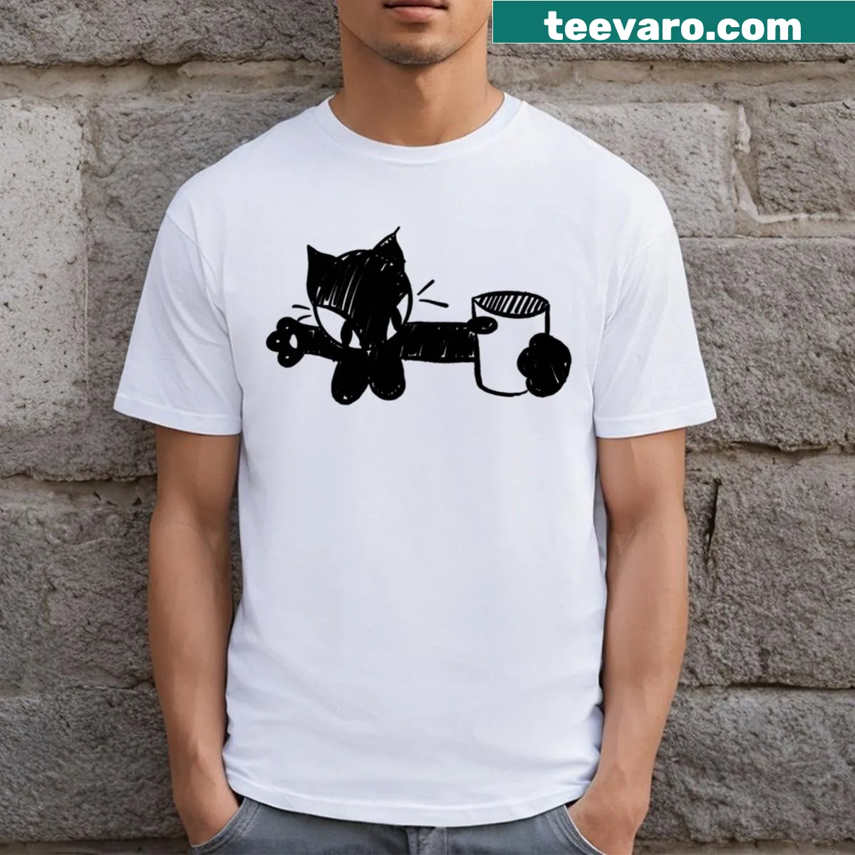 T-shirt featuring a cute illustration of a cat with a cup — on a men's t-shirt