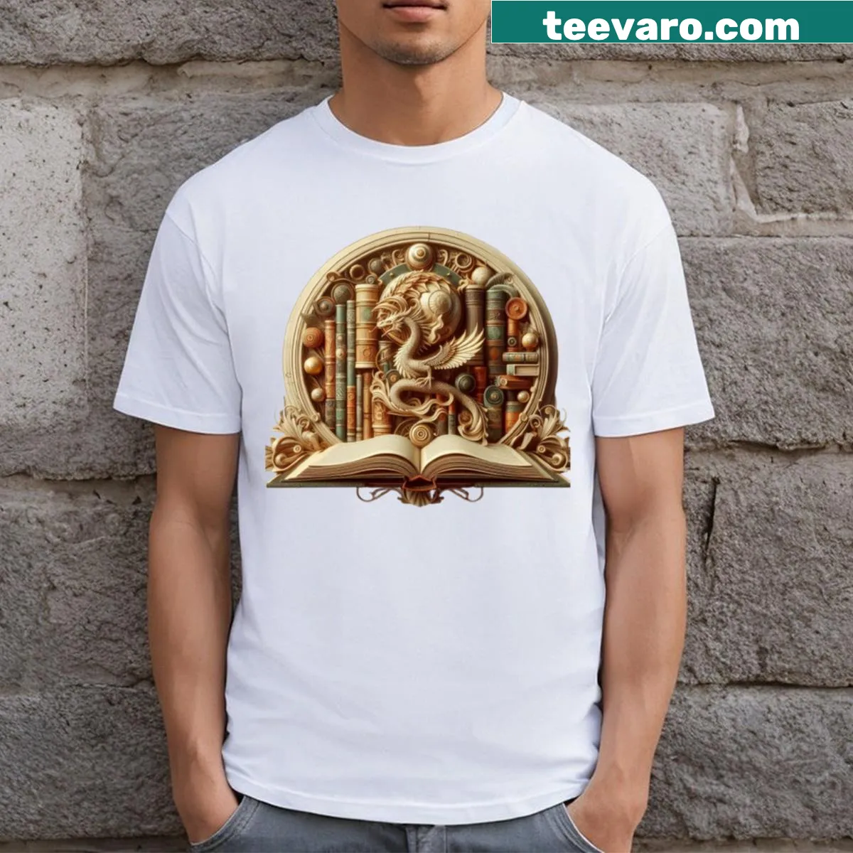 Whimsical fantasy-themed T-shirt for book lovers — on a men's t-shirt