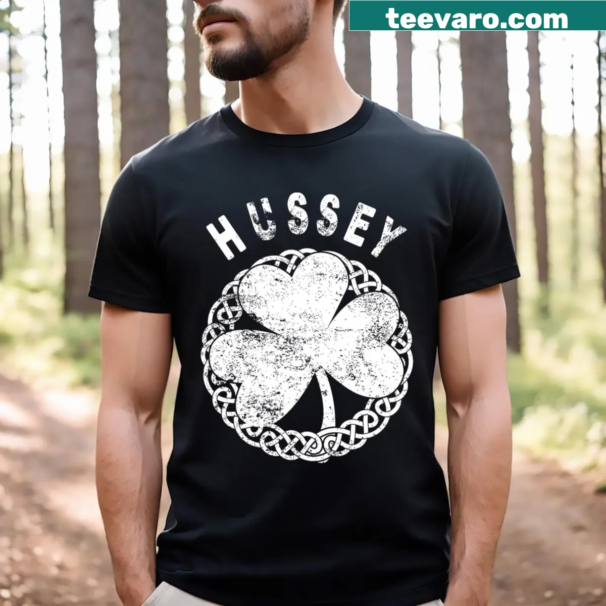 Celtic design T-shirt featuring the Hussey family name — on a men's t-shirt