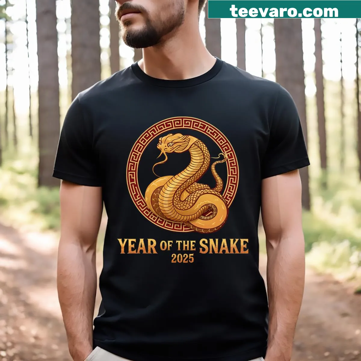 Chinese New Year 2025 t-shirt featuring zodiac snake illustration — on a men's t-shirt