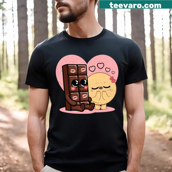 Couples T-shirt featuring cartoon chocolate and pancakes design