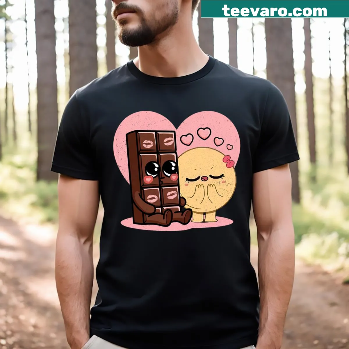 Couples T-shirt featuring cartoon chocolate and pancakes design — on a men's t-shirt