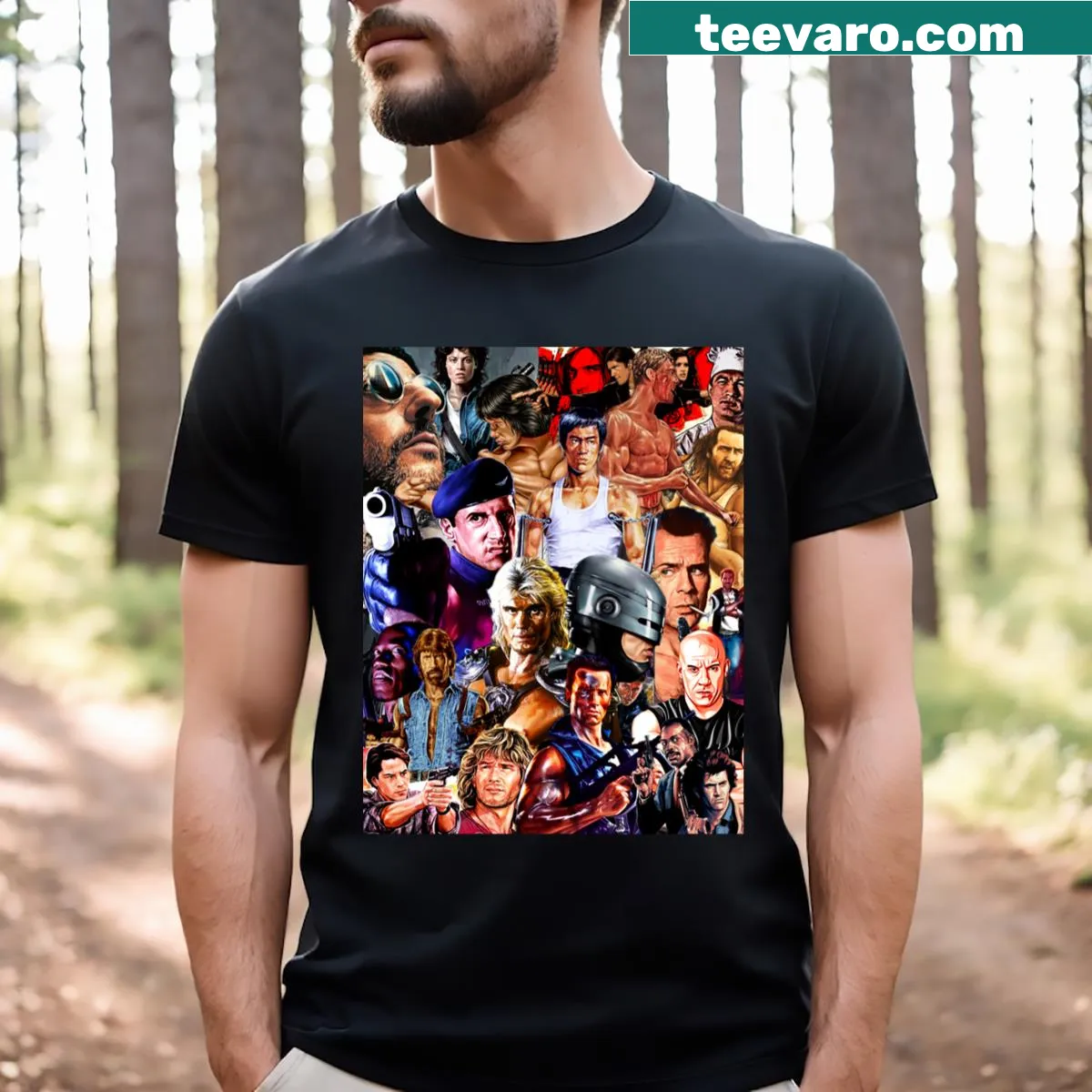 Collage of iconic action heroes t-shirt featuring dynamic artwork — on a men's t-shirt
