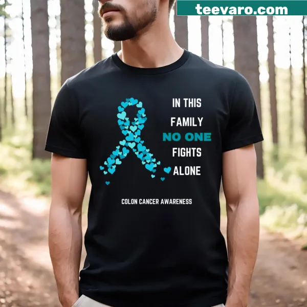 Blue ribbon design promoting colon cancer awareness on a t-shirt
