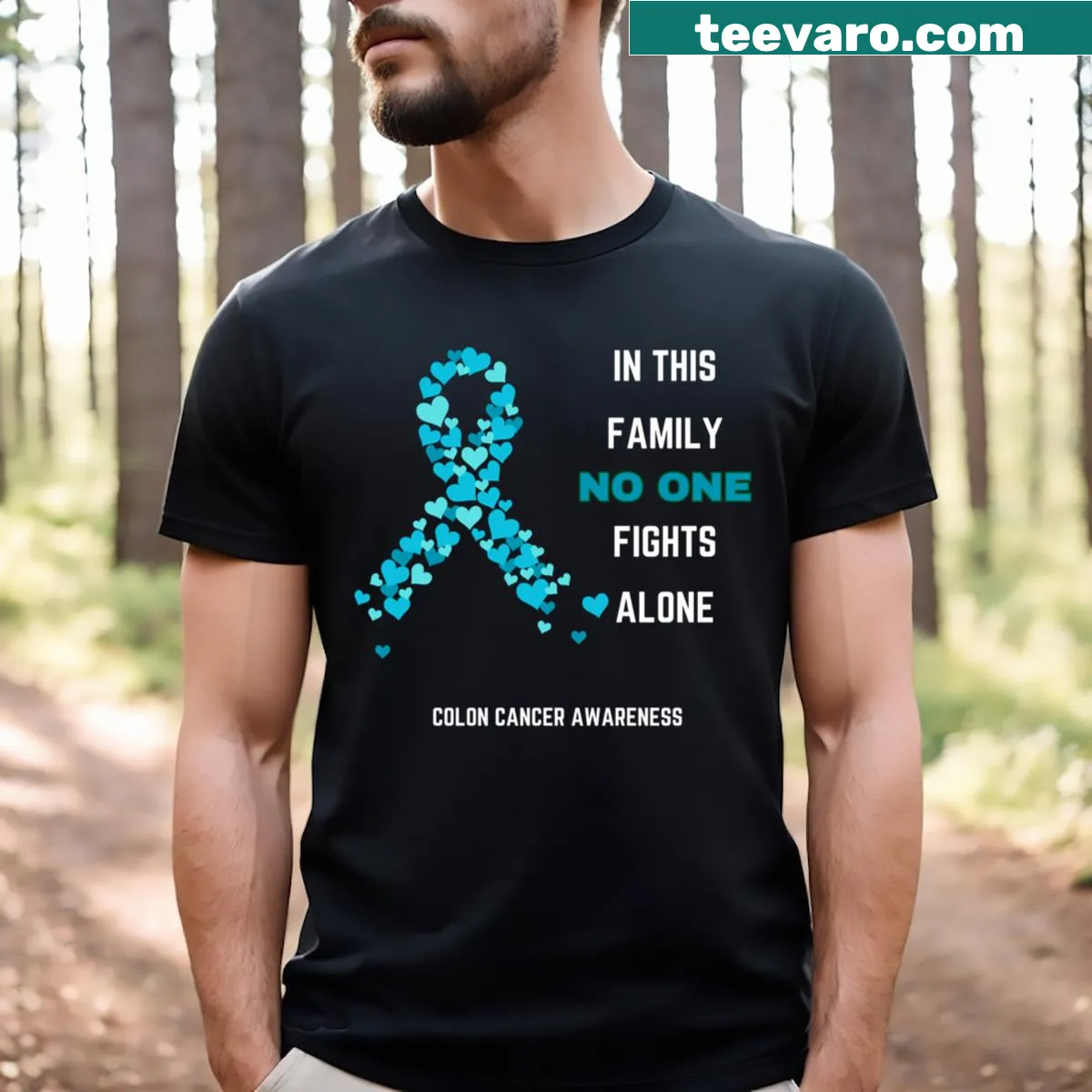 Blue ribbon design promoting colon cancer awareness on a t-shirt — on a men's t-shirt