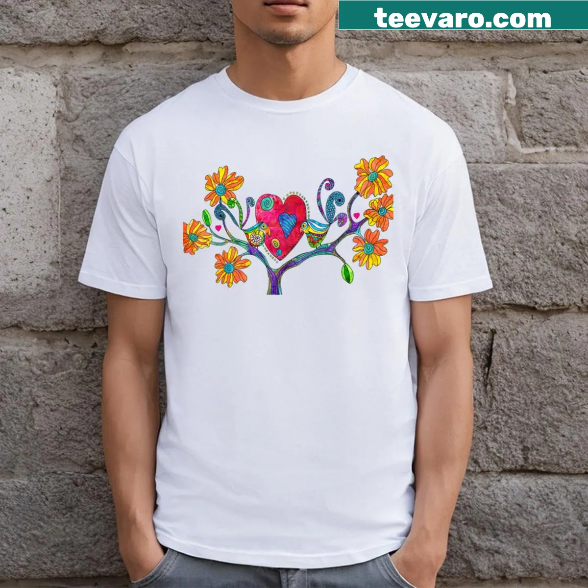 Charming love birds illustrated t-shirt on a light background — on a men's t-shirt