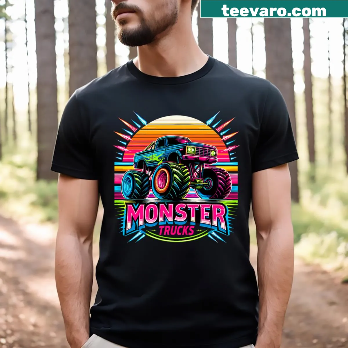 Illustrated monster truck on a playful T-shirt design — on a men's t-shirt