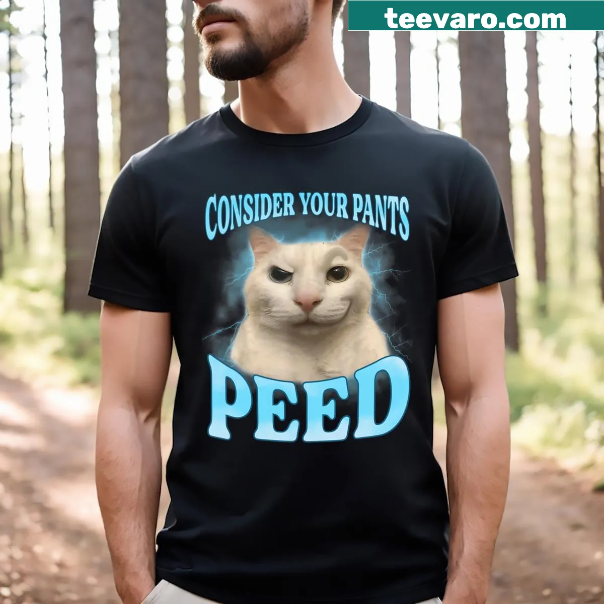 Playful humorous cat meme saying graphic T-shirt. — on a men's t-shirt
