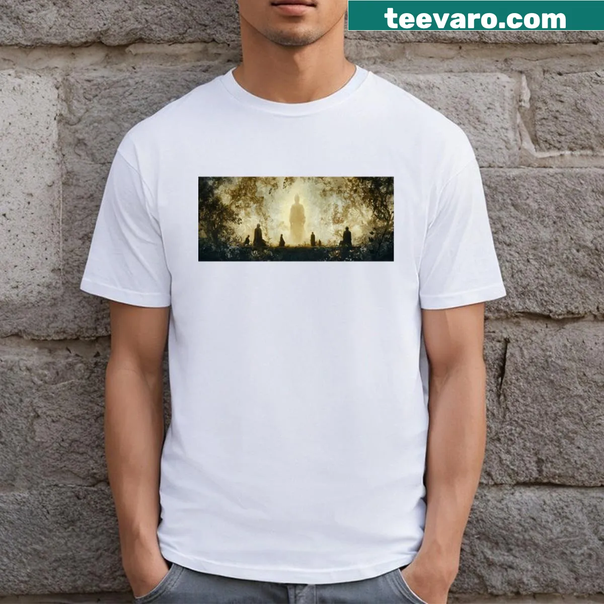 Artistic illustration of an enlightened council on a T-shirt — on a men's t-shirt