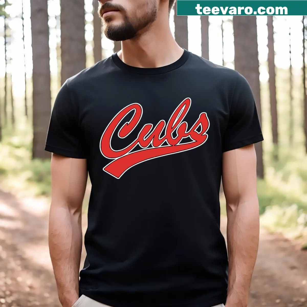 Cubs-themed T-shirt with bold team spirit typography — on a men's t-shirt