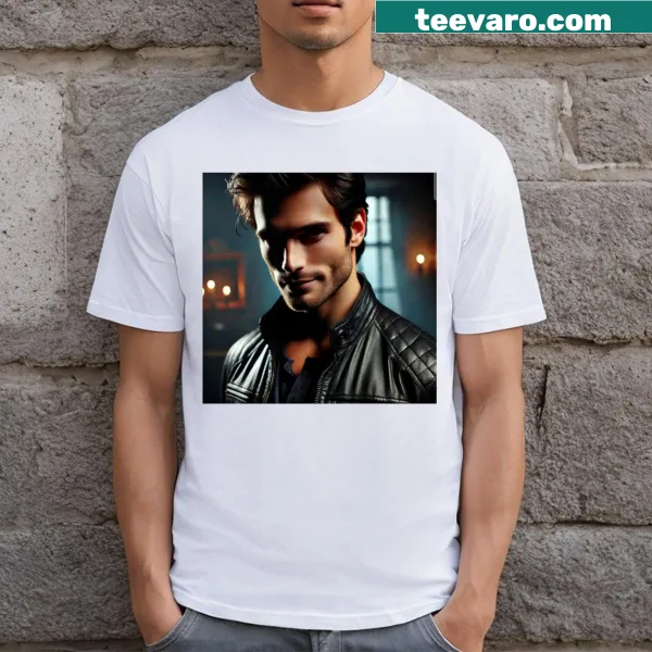 Illustration of Damon Salvatore with a brooding expression on a T-shirt