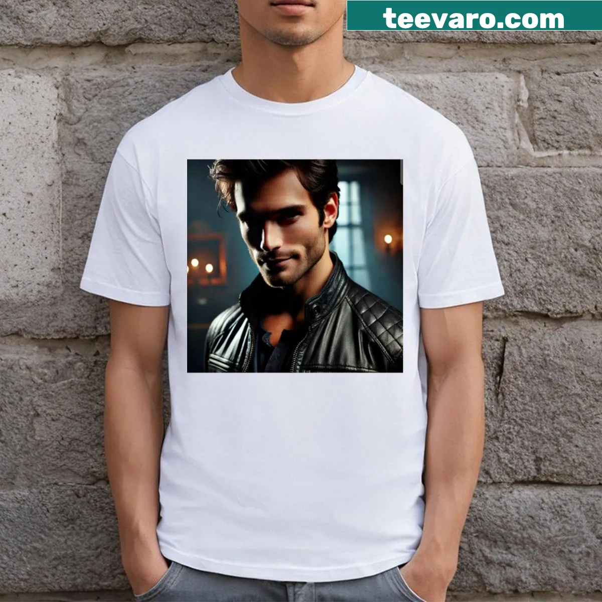 Illustration of Damon Salvatore with a brooding expression on a T-shirt — on a men's t-shirt
