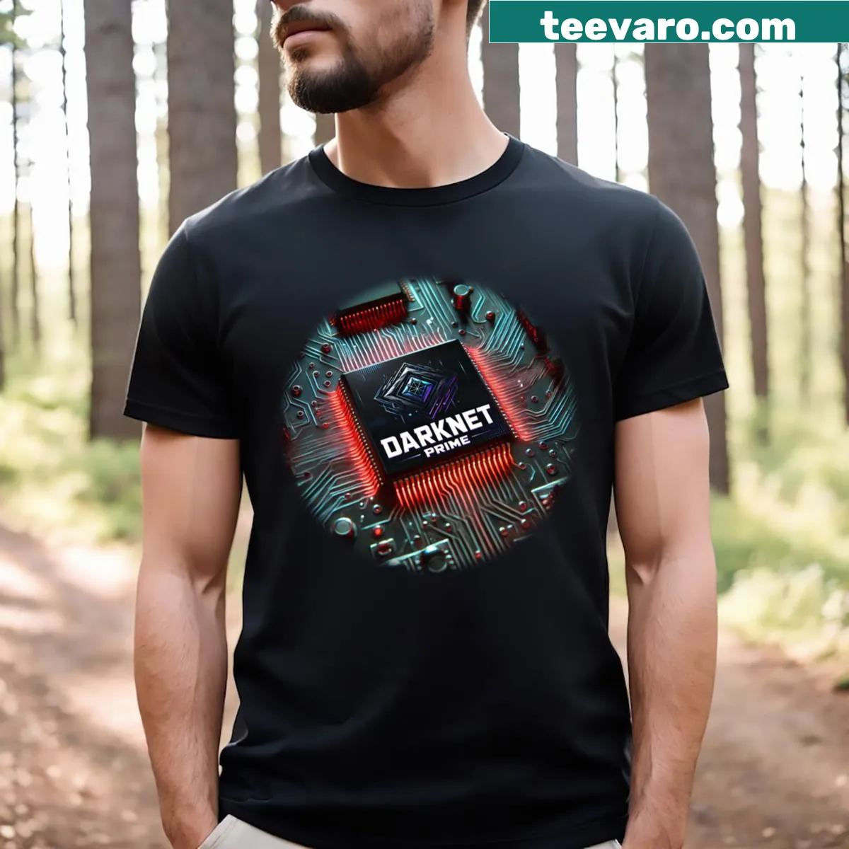 Minimalist circuit board graphic on t-shirt — on a men's t-shirt