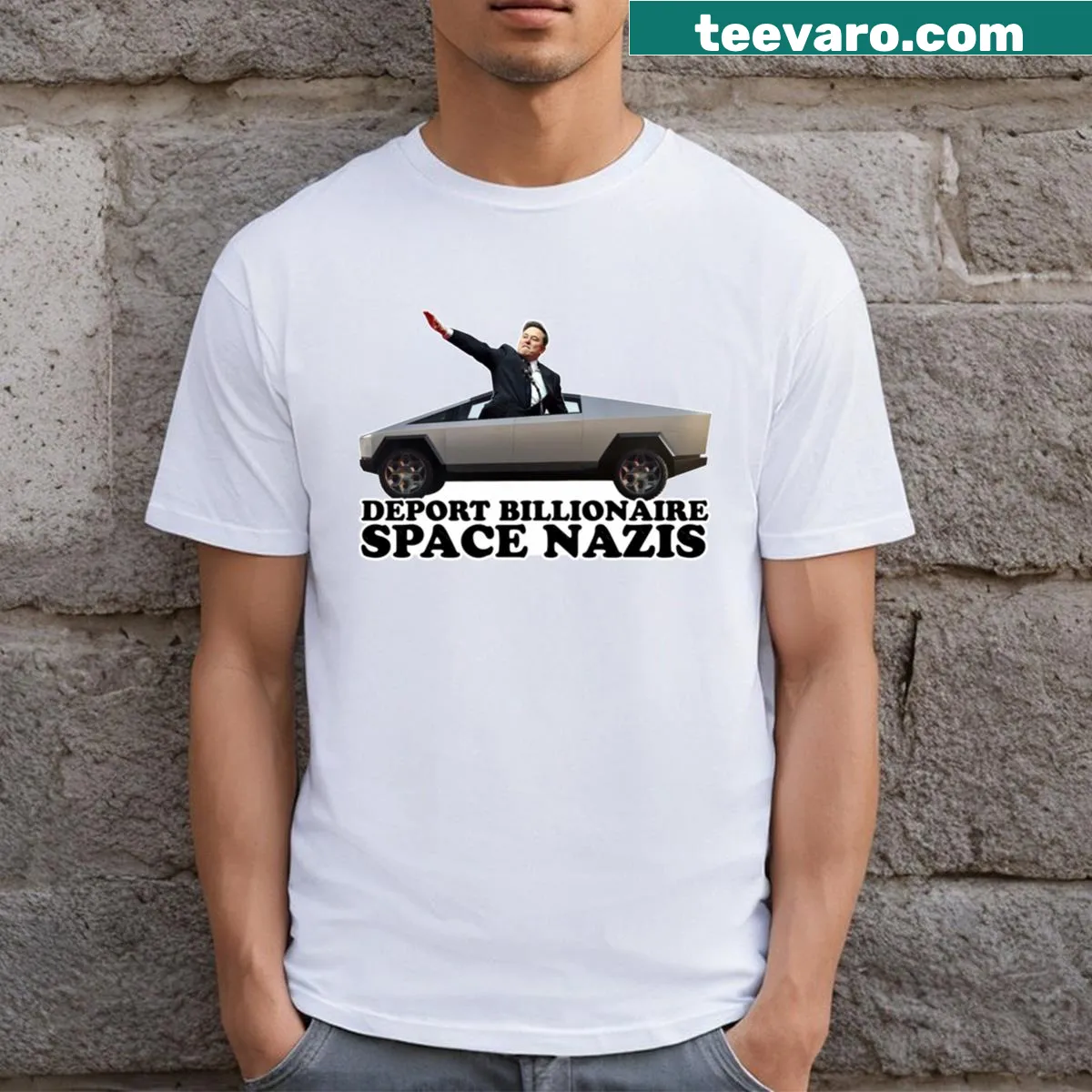 Text-based Deport Elon Musk t-shirt with a humorous message — on a men's t-shirt