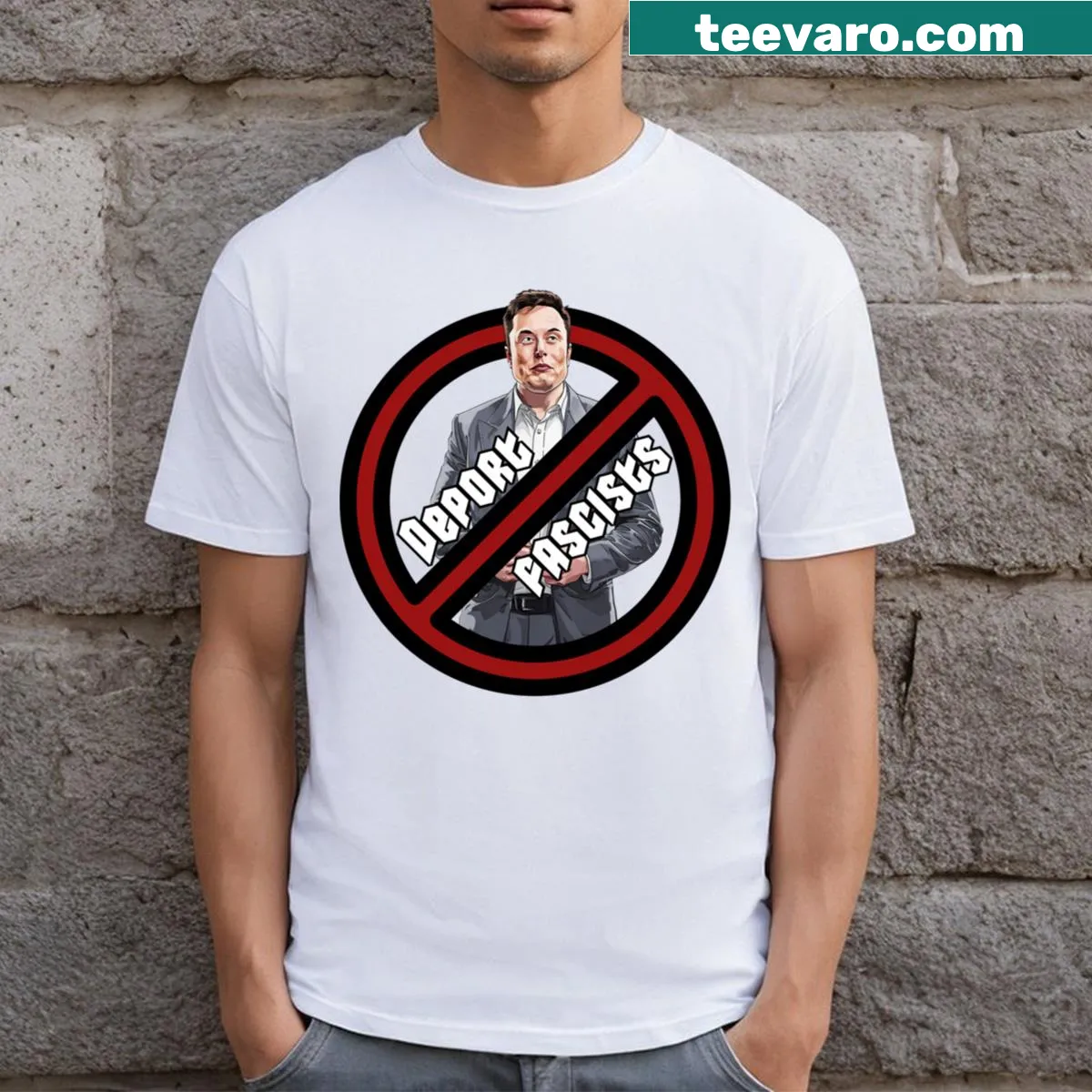 T-shirt with text 'Deport Fascists' and Anti Fascist declaration featuring Elon Musk — on a men's t-shirt