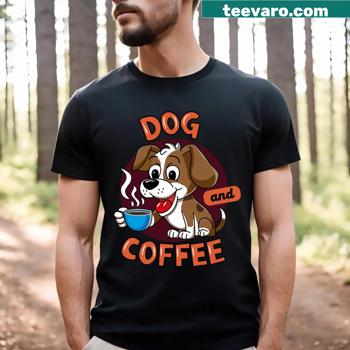 Charming t-shirt featuring a dog and coffee graphic — on a men's t-shirt